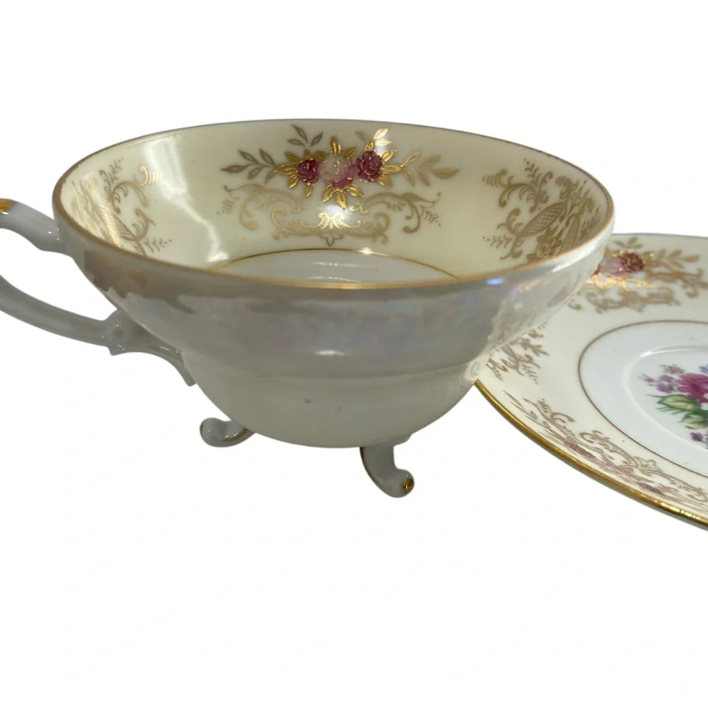 Vintage Footed Tea Cup Saucer Del Mar Hand Painted Floral Design‎ 24K Gold Trim